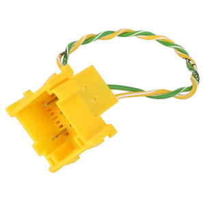 A yellow plastic electrical connector with green and yellow twisted wires, identified as the AGCO | Harness - Acw2100320 from the brand AGCO, is shown against a white background.