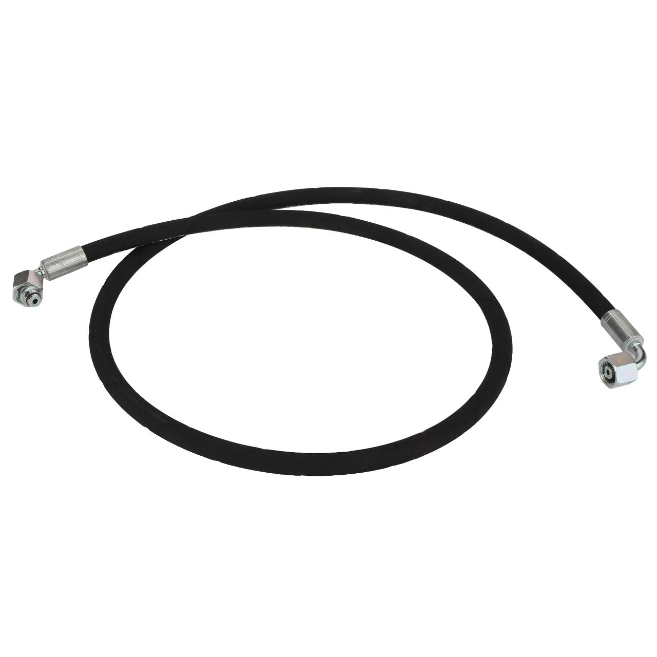 The AGCO Hydraulic Hose - Fel151818 is a coiled black hydraulic hose featuring metal connectors on both ends, specifically designed for efficient fluid transfer in mechanical systems.