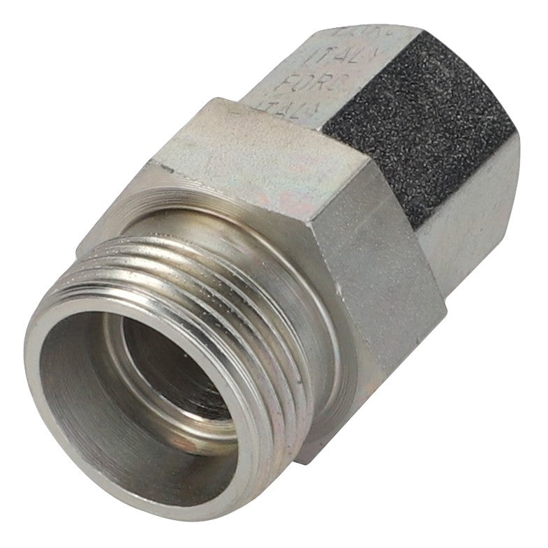 The AGCO Union - Acw0794720 is a robust, metallic threaded pipe fitting with a hexagonal body and cylindrical ends, each boasting distinct threading styles for versatile applications.