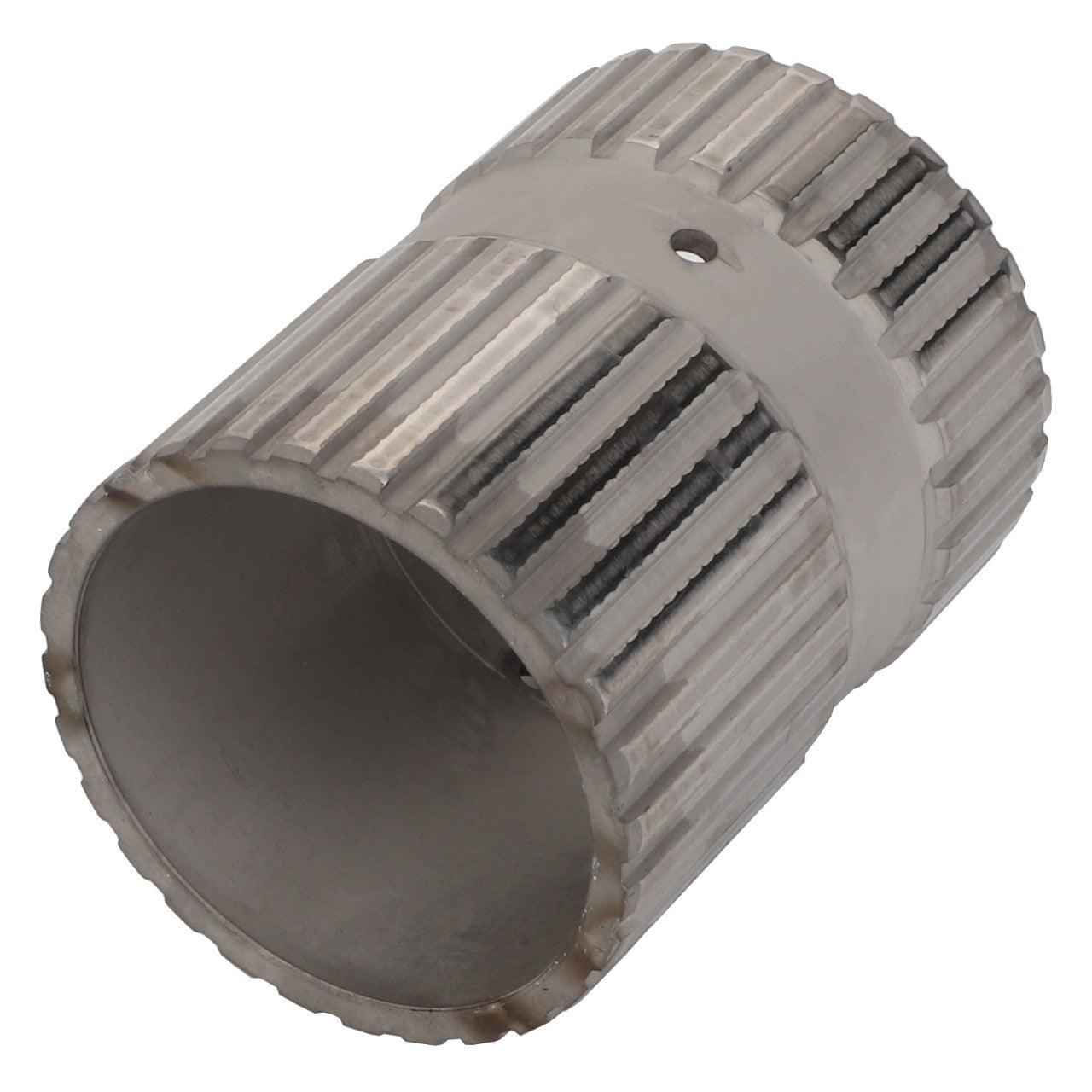 Close-up of the AGCO | SLEEVE BUSHING - V30385510, a cylindrical metal component with ridged sides and a smooth inner surface.