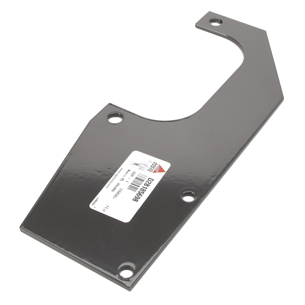 The AGCO BRACKET - D28185698 is a flat, gray metal bracket with a cut-out section and four mounting holes, featuring a white label with a barcode and text. Please note that no additional product description information is available beyond this.