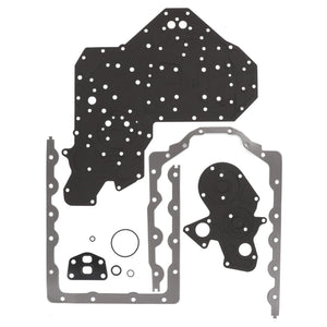 The AGCO | Gasket Kit - 4225055M91, featuring an assortment of black and gray gaskets and seals in various shapes and sizes, is designed for use in automotive or machinery applications. Displayed on a white background, these components are ideal for ensuring top performance with brands like Fendt or Valtra.