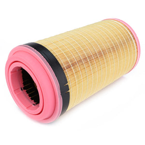 A cylindrical AGCO Engine Air Filter Cartridge - H743200090100, featuring pink plastic ends and a yellow pleated paper body, is placed on a white background, ensuring high filtration efficiency for Fendt Models 714 Vario S4.