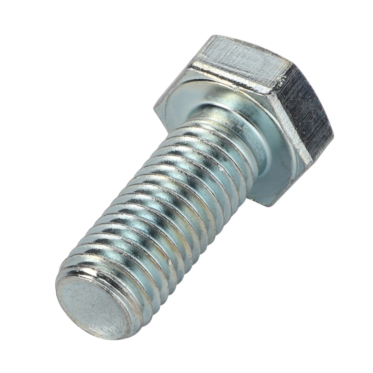 A close-up view of the AGCO Hexagonal Head Bolt - 0901-21-49-00, featuring a metallic threaded shaft, shiny surface, and six-sided head, placed against a white background.