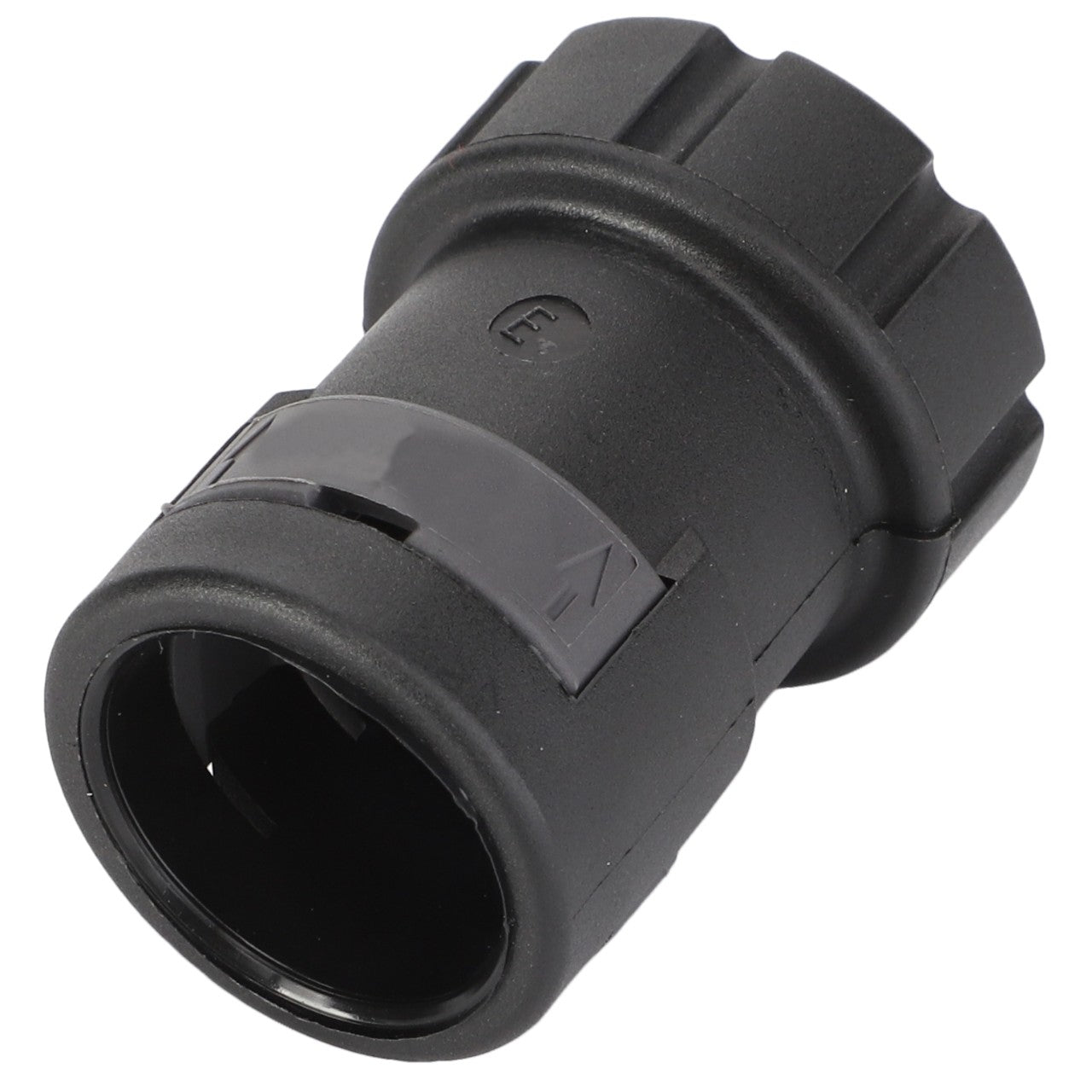 A black plastic cylindrical connector cover with grooved edges and an arrow indicating direction; product information for the AGCO Connector Cover - D45010038 is currently unavailable.