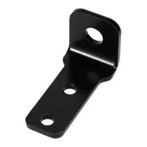 Introducing the AGCO Light Bracket - Acp0319310: a durable black metal L-bracket, meticulously designed with three strategically placed holes—one on the vertical section and two on the horizontal part.