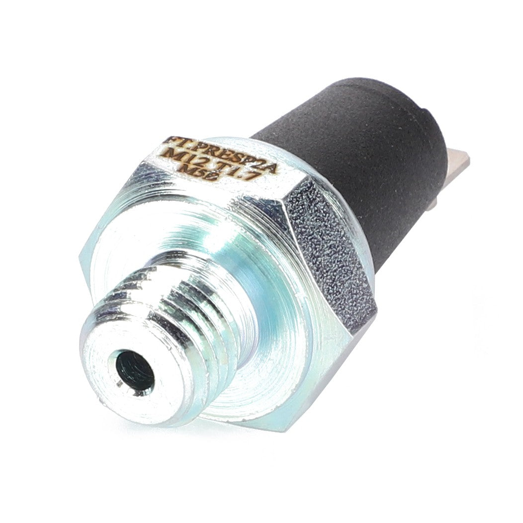 A close-up view of the AGCO Pressure Switch - Acw2936900 in silver and black, featuring a threaded metal housing and an electrical connector on one end. Unfortunately, no current product description information is available.