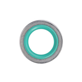 Close-up of AGCO's Sealing Washer - F737200060030, featuring a green seal at the center, viewed directly from above, ideal for use in Massey Ferguson models.