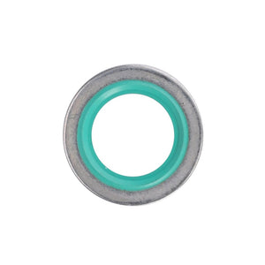 Close-up of AGCO's Sealing Washer - F737200060030, featuring a green seal at the center, viewed directly from above, ideal for use in Massey Ferguson models.