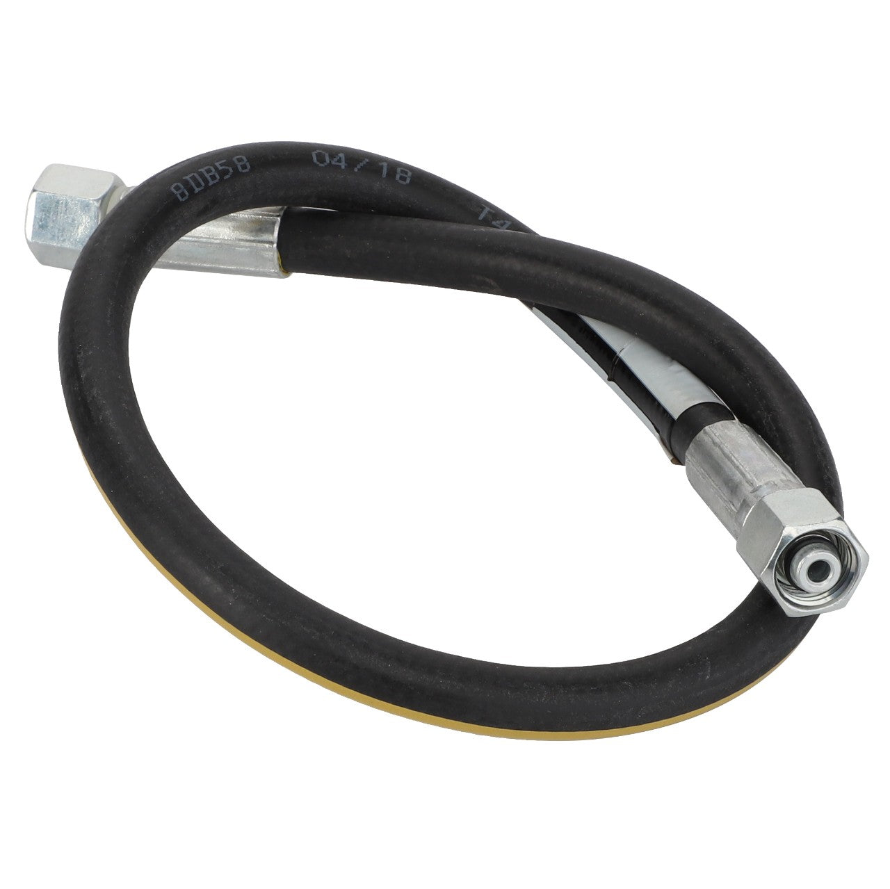 A black flexible hydraulic hose, model D45130076 by AGCO, with metal fittings on both ends, coiled into a loop. No current product description information available.