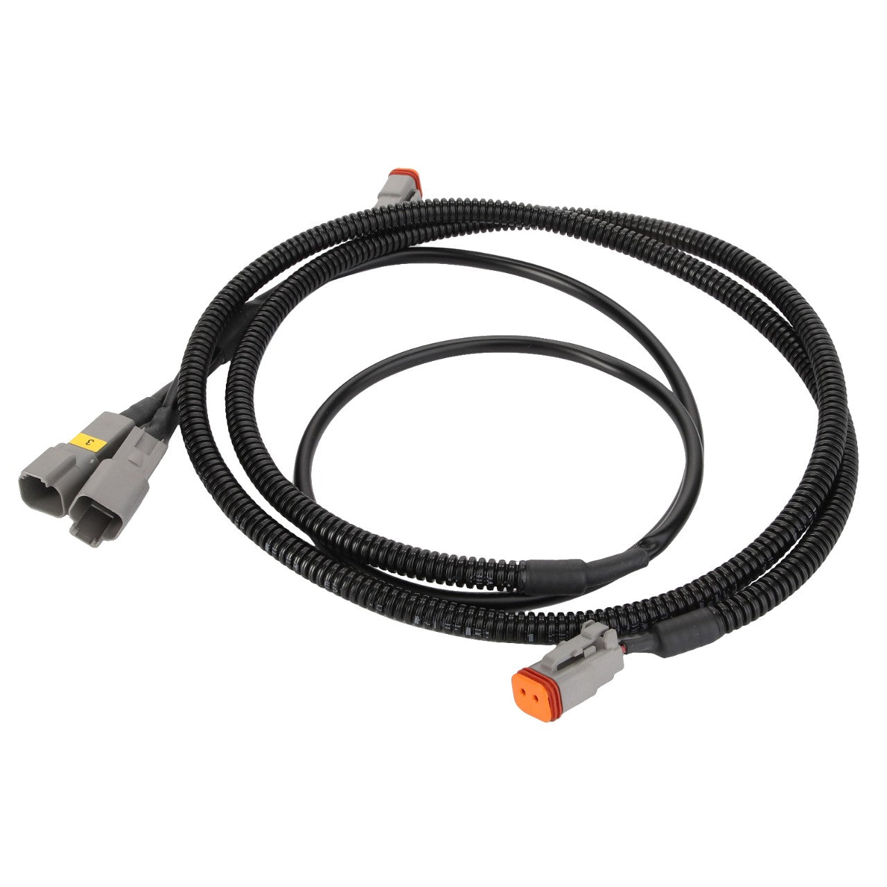 The AGCO | CABLE - AL60015907 is a coiled black wiring harness featuring grey and orange connectors at the ends, suitable for automotive or electronic applications. No current product description information is available.