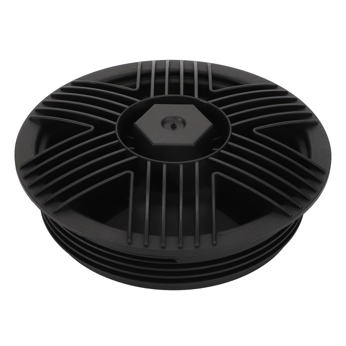 The AGCO | Plug - Acw361915B by AGCO is a sleek black circular object featuring a hexagonal center with radial lines extending outward.