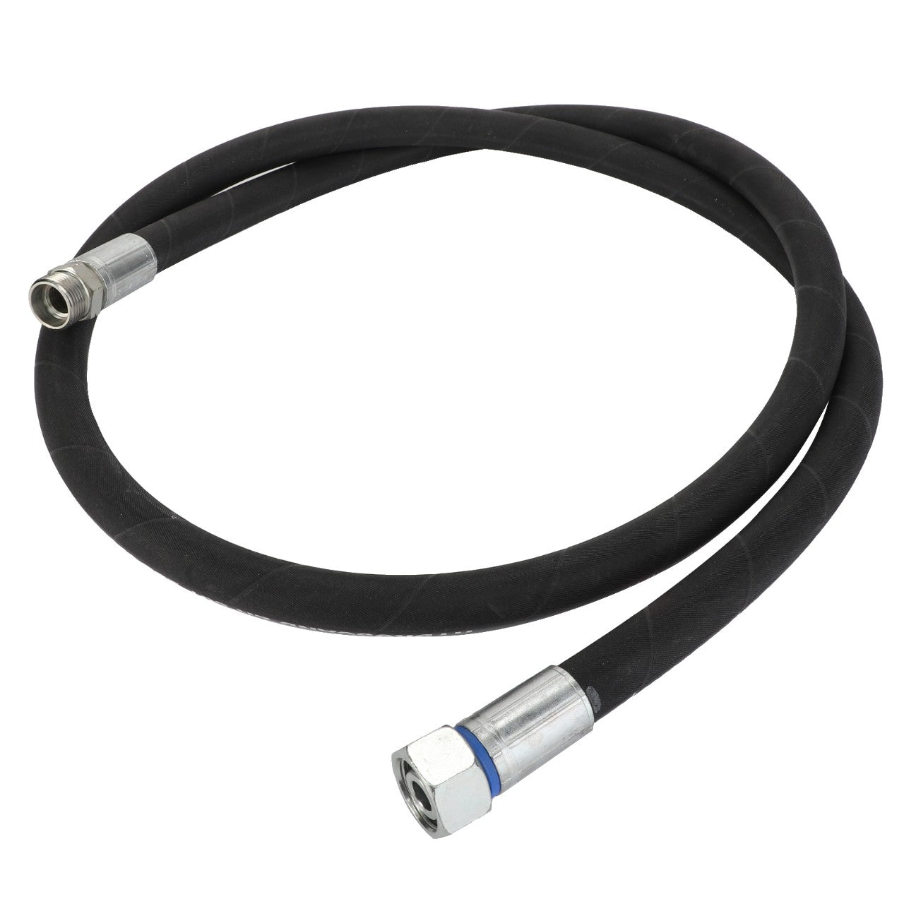 The AGCO Hydr. Hose - Acw0716690 is a black hydraulic hose featuring metal connectors on both ends, coiled loosely in a circle.