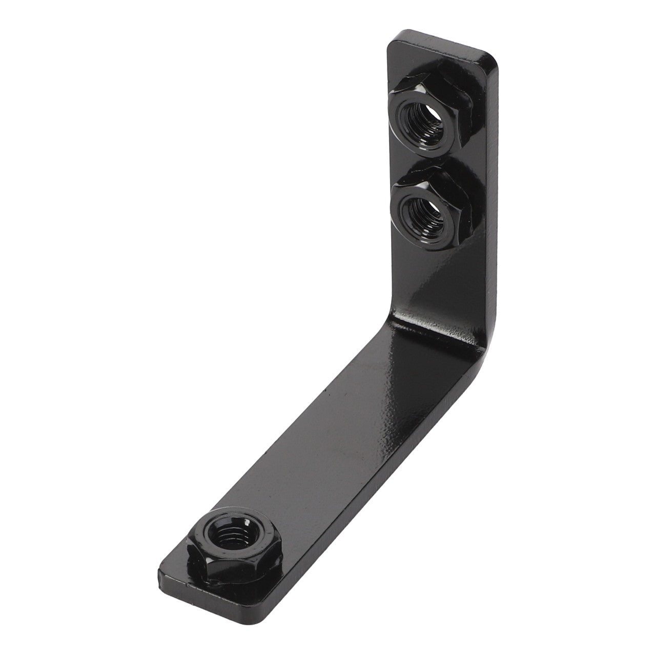 The AGCO Support - Acw2313250 is a black L-shaped metal bracket featuring two nuts on the vertical side and one nut on the horizontal side. There is currently no additional product description information available for this item.