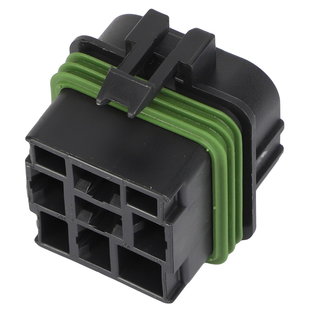 Meet the AGCO | CONNECTOR - AG520059 by AGCO: a black plastic electrical connector with green rubber sealing, featuring eight rectangular pin slots. Currently, no further product description information is available.