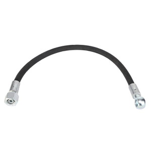 The AGCO HYDRAULIC HOSE - AL9030829 is an arched black hydraulic hose with sturdy metal fittings at both ends.