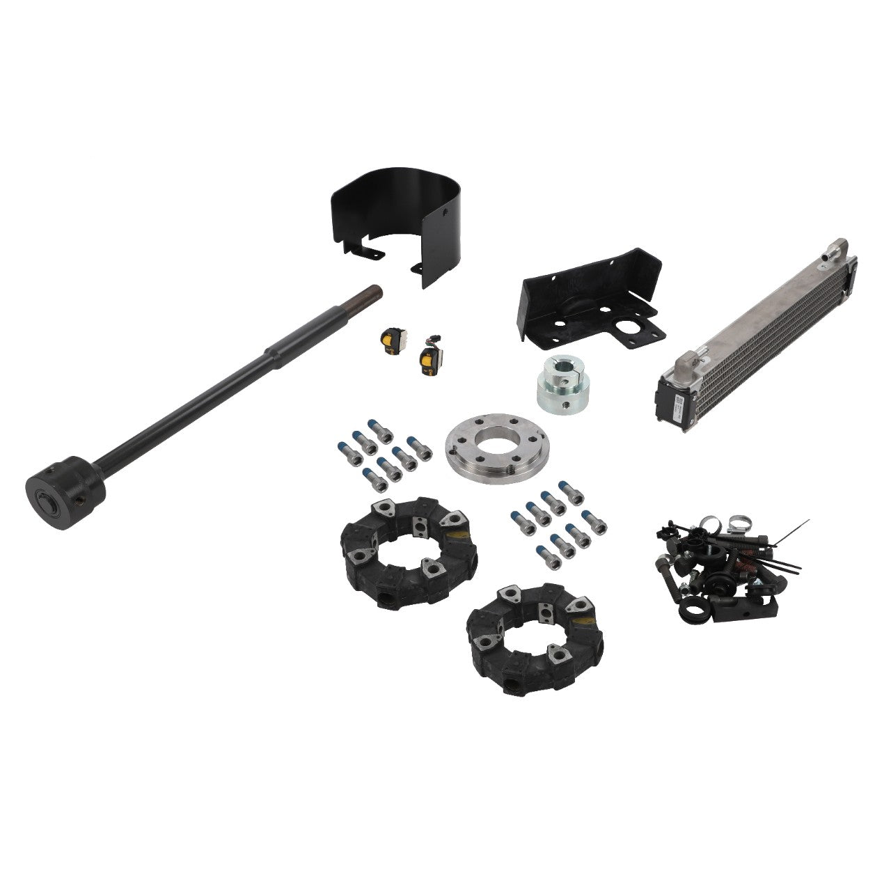 A collection of metal automotive components, including a rod, brackets, fasteners, couplers, and a heat exchanger arranged on a white background, designed for Massey Ferguson models under the product name AGCO | Pto Kit - Acp0633510 from the brand AGCO.