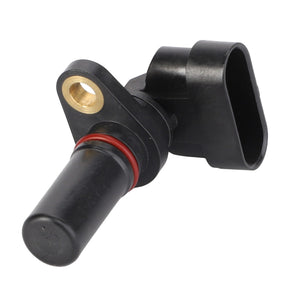 The AGCO Sensor - 4366242M1 is a black automotive sensor with a cylindrical body and L-shaped connector, featuring a red O-ring and brass mounting hole, suitable for Fendt machinery.