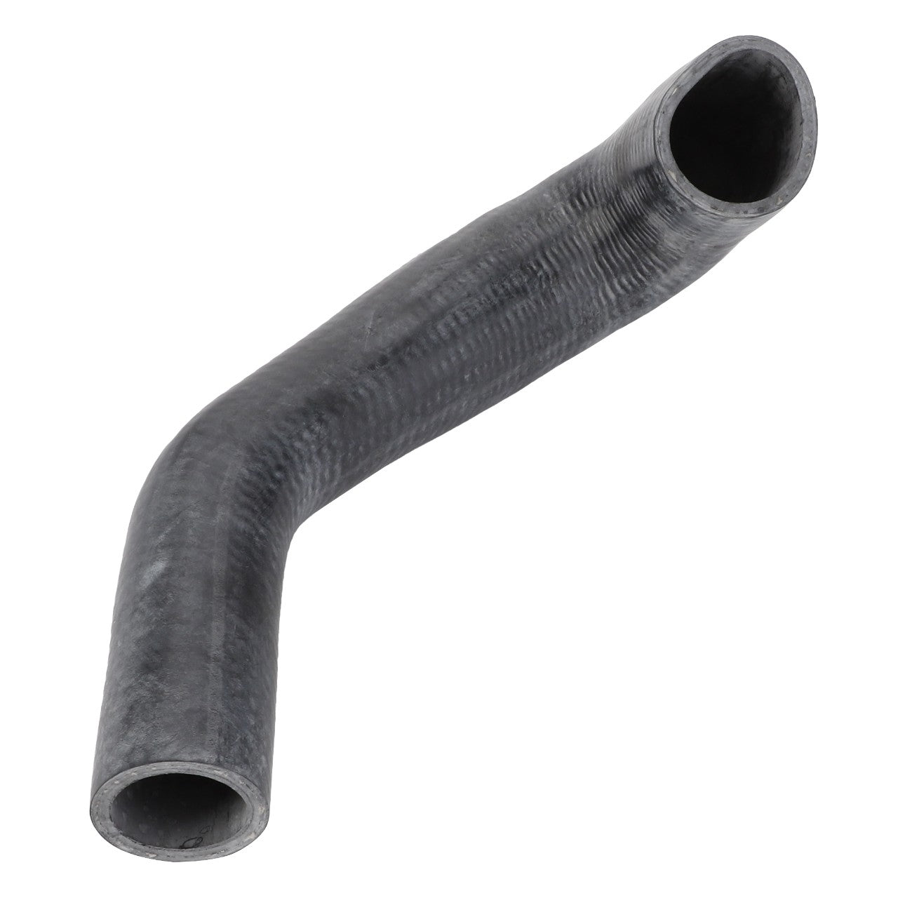 The AGCO Hose - 6304961M1 is a robust black rubber hose, designed with a curved shape and a textured surface to provide an enhanced grip.