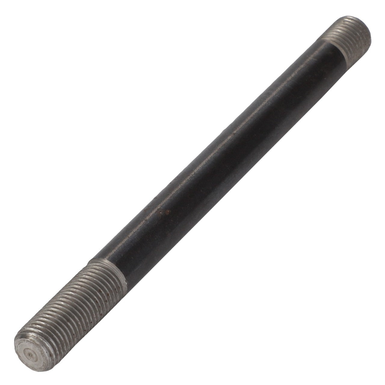 The AGCO Stud Bolt - 4389109M1, a strong metal rod with threaded ends that exudes an industrial vibe, stands out against a pristine white background.