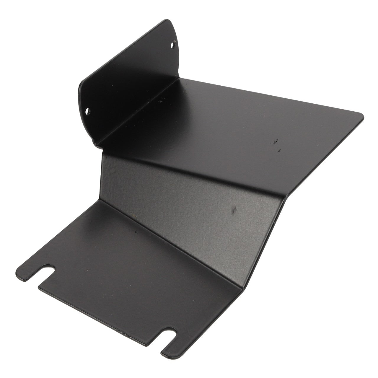 The AGCO | BRACKET - D28783222 by AGCO is a black, angled metal bracket featuring two mounting holes on the upright portion and two notches on the flat base. No current product description information is available for this item.