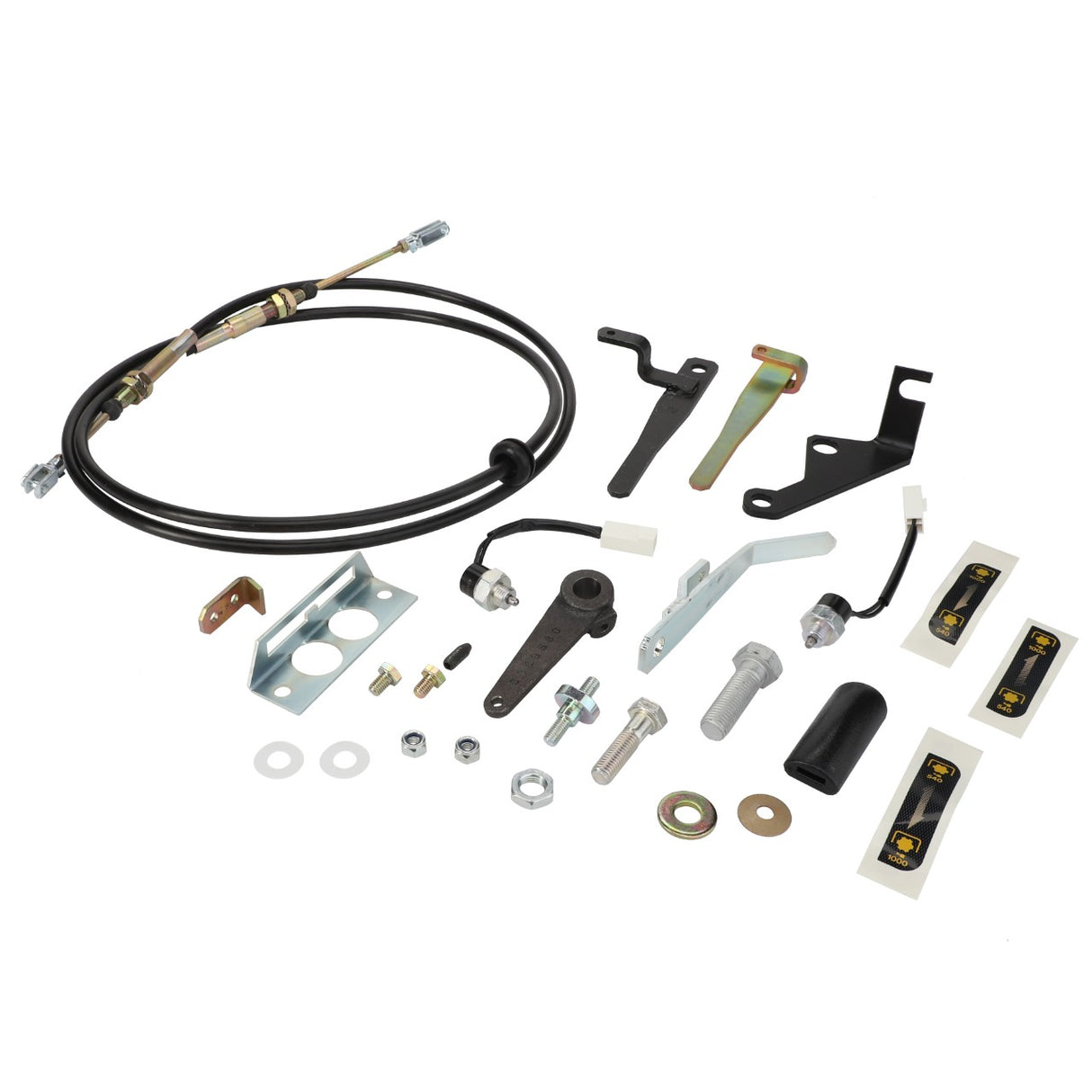 The AGCO PTO Control Kit - 4280782M16, featuring an array of meticulously arranged car repair parts like cables, bolts, brackets, and connectors, is displayed on a white background.