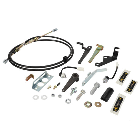 The AGCO PTO Control Kit - 4280782M16, featuring an array of meticulously arranged car repair parts like cables, bolts, brackets, and connectors, is displayed on a white background.