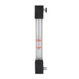 The AGCO Oil Dipstick - 4301894M1 features a vertical glass tube with rounded black caps on both ends, commonly found in Massey Ferguson models. The tube is marked with red "MAX" and "MIN" indicators for maximum and minimum levels.