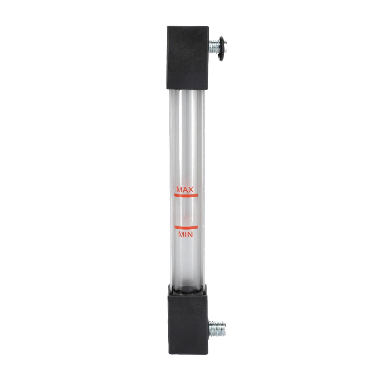 The AGCO Oil Dipstick - 4301894M1 features a vertical glass tube with rounded black caps on both ends, commonly found in Massey Ferguson models. The tube is marked with red "MAX" and "MIN" indicators for maximum and minimum levels.