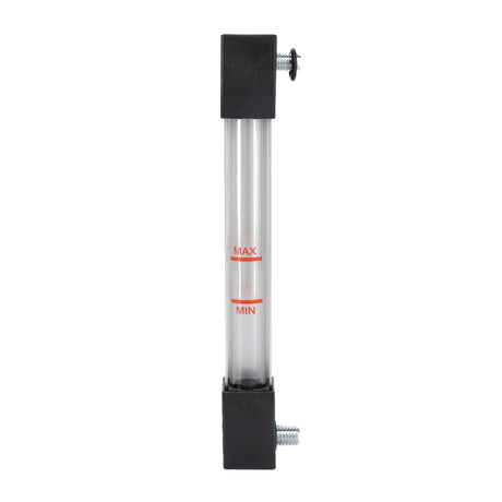 The AGCO Oil Dipstick - 4301894M1 features a vertical glass tube with rounded black caps on both ends, commonly found in Massey Ferguson models. The tube is marked with red "MAX" and "MIN" indicators for maximum and minimum levels.