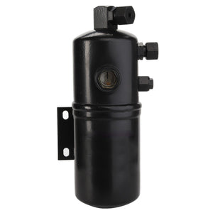 The AGCO | TANK - D26734963, a cylindrical black metal hydraulic oil tank from AGCO, features a glass level gauge, multiple ports, and a side mounting bracket to ensure precise operation.