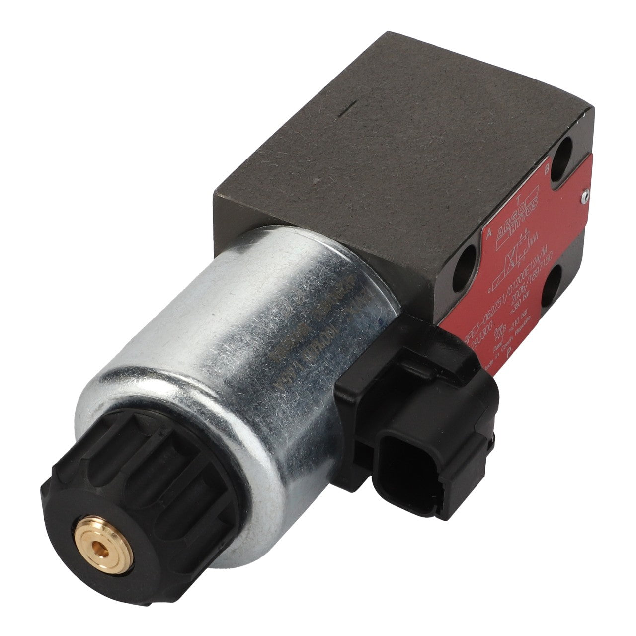 The AGCO Control Valve - Acp0498380 is a metallic solenoid valve with cylindrical and rectangular components, featuring a connector and a red labeling plate. No product description available.