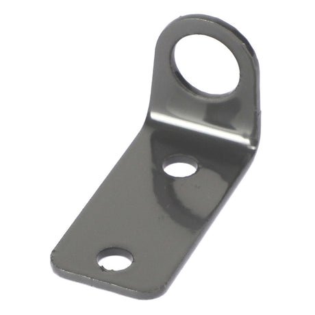 There is no existing product description for the AGCO | Plate - Acx2866310, a metal bracket from AGCO that features three holes: one large hole at the top bend and two smaller holes aligned on the flat portion.