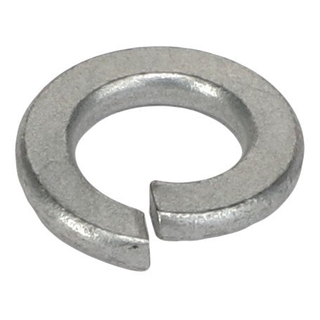 Close-up of an AGCO WASHER - AL5013404, a silver metallic split lock washer with a helical shape, used to prevent loosening of fasteners. No current product description information is available.