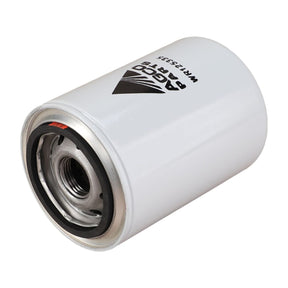 The AGCO Hydraulic Filter Spin On - WR125335 is a cylindrical white filter with black text and logo, featuring a visible rubber seal and a central threaded hole at one end, ensuring cleaner fuel.