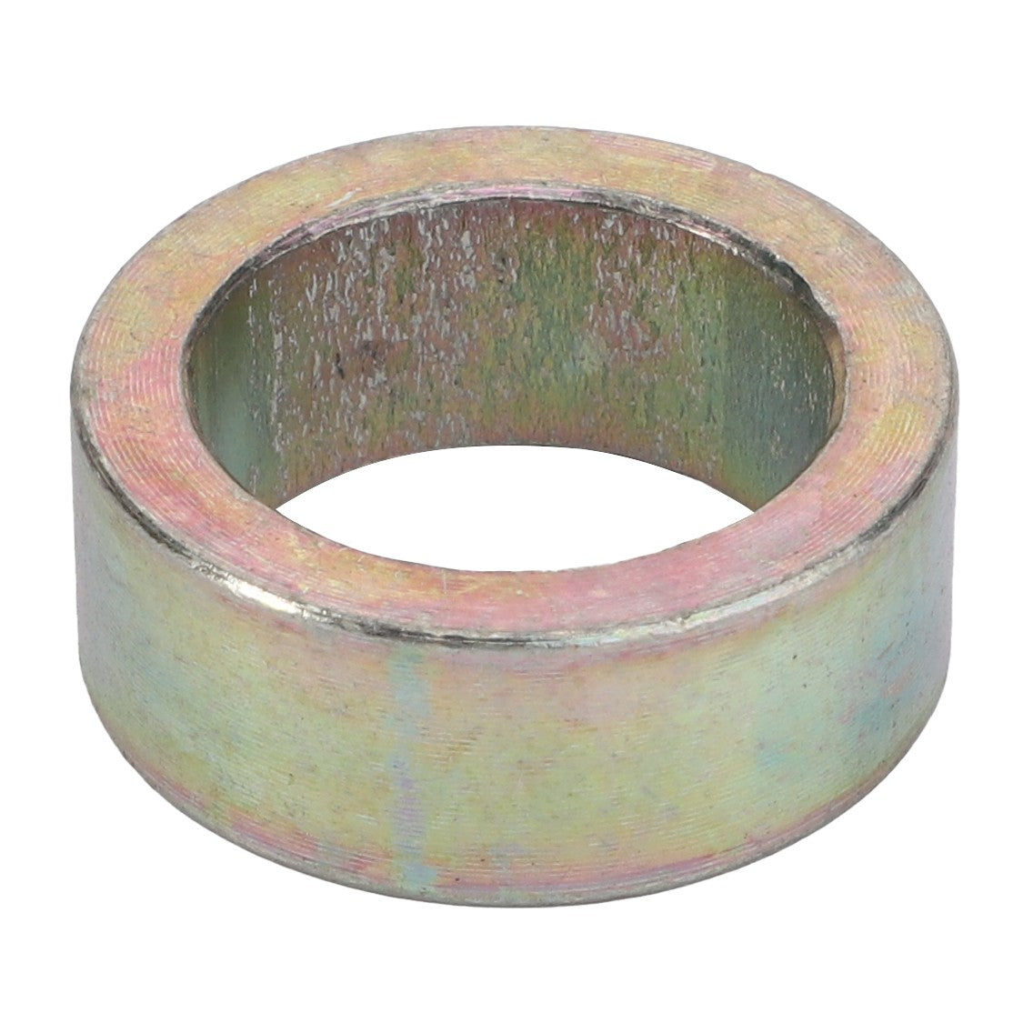 A metallic cylindrical spacer with a hollow center and slightly worn, discolored surface: AGCO | Rachet Jack Spacer Bushing - Sf10050014A.