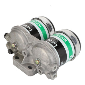 AGCO Fuel Filter - 72116, featuring twin Lucas HDP296 filters with metal connectors and green labels, designed for automotive use in Valtra and Massey Ferguson equipment.
