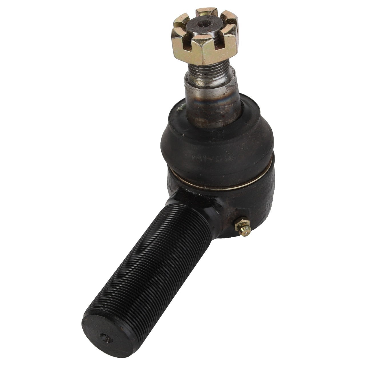 The AGCO TIE ROD - ACY1574340 is a black automotive ball joint featuring a threaded end and topped with a castle nut. Currently, there is no additional product description information available.