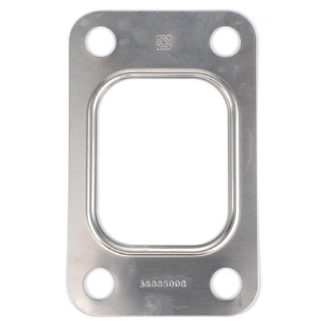 The AGCO Joint - 746618M1 is a rectangular metal component featuring four circular holes in each corner and a smaller rectangular cutout in the center. It includes the markings "36885003" and a small symbol at the top, and is commonly used in Massey Ferguson models.