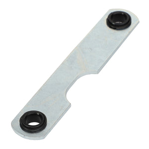 The AGCO | CONNECTOR LINK - AG726133 by AGCO is a sturdy flat metal bracket equipped with two black circular rubber grommets, one at each end, ensuring a secure and durable application.