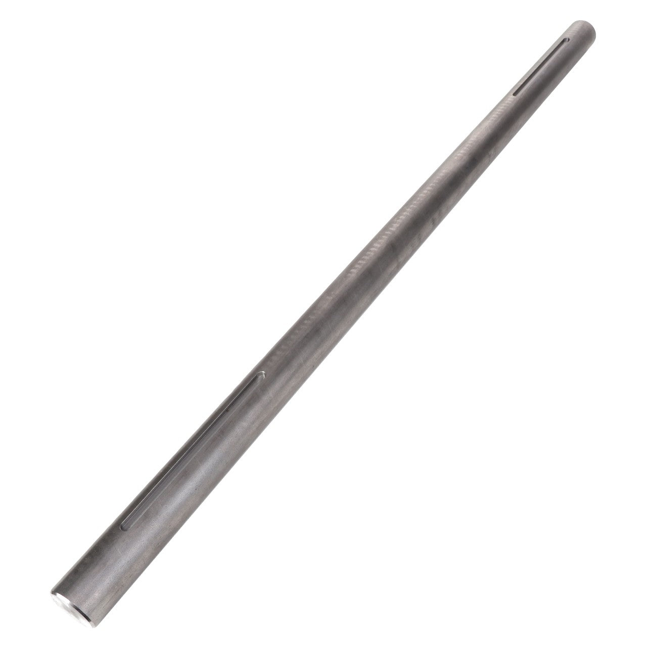 Product Description: The AGCO | IDLER SHAFT - AG726222 is a sleek, cylindrical metal rod featuring two precisely machined parallel grooves running along its length.