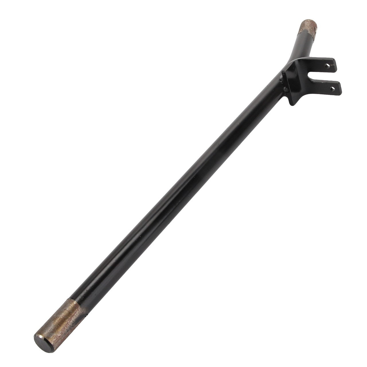 The AGCO | LEVER - D28980793 is a black metal rod with a rusty tip and a bracket attached near one end, designed for robust mechanical or structural support.