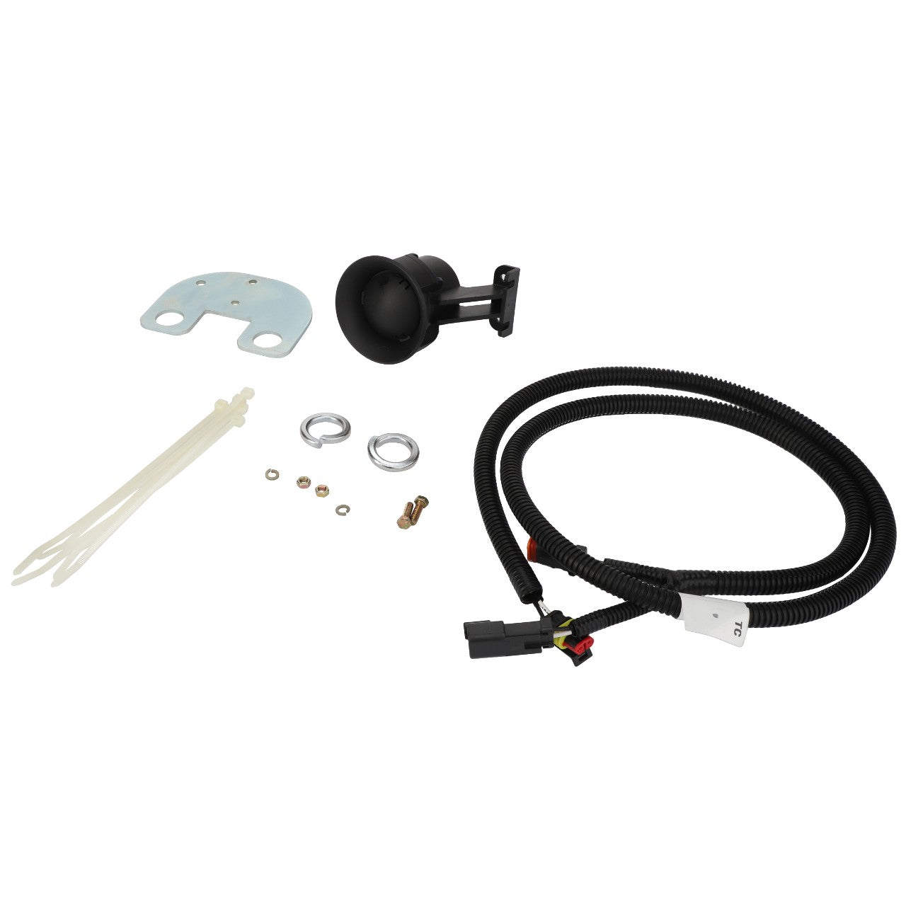 The AGCO car backup sensor kit (Accessory Code - Acw1748560) by AGCO, which includes a sensor, wiring harness, metal bracket, zip ties, screws, and small metal fittings, is showcased against a clean white background.