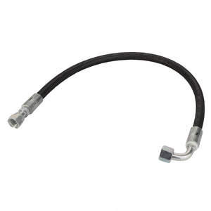 The AGCO Hydraulic Hose - Acw2794870 features a black rubber construction with metal connectors at both ends—one straight and one L-shaped. No additional product description information is available.