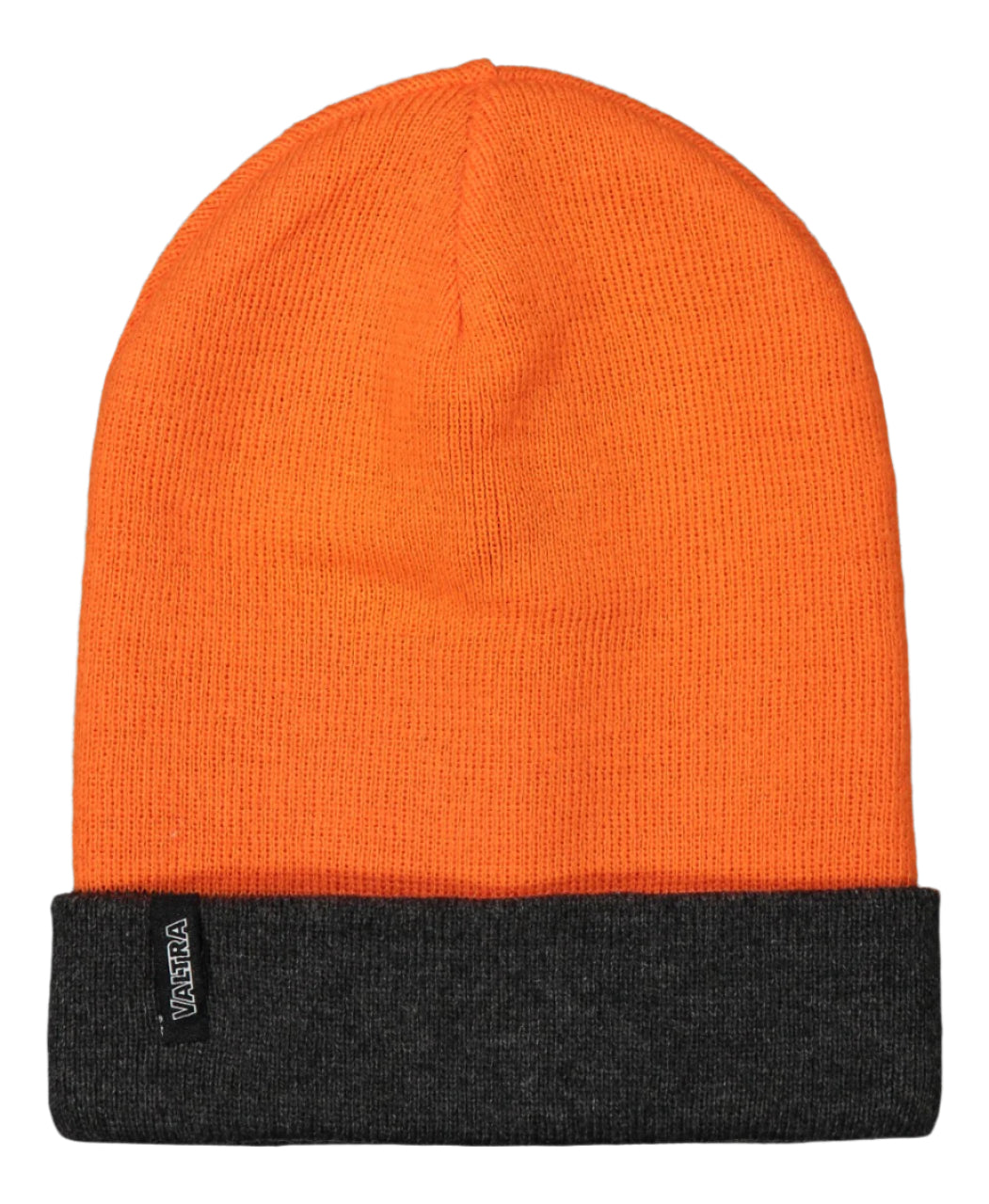 The AGCO | Beanie Hunter Reverse - V42801010 is a bright orange, warm knit hat featuring a black folded brim that displays a small black label with white writing.