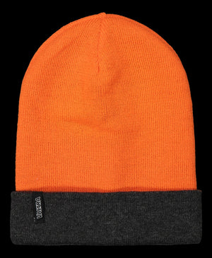 The AGCO | Beanie Hunter Reverse - V42801010 is a bright orange, warm knit hat featuring a black folded brim that displays a small black label with white writing.