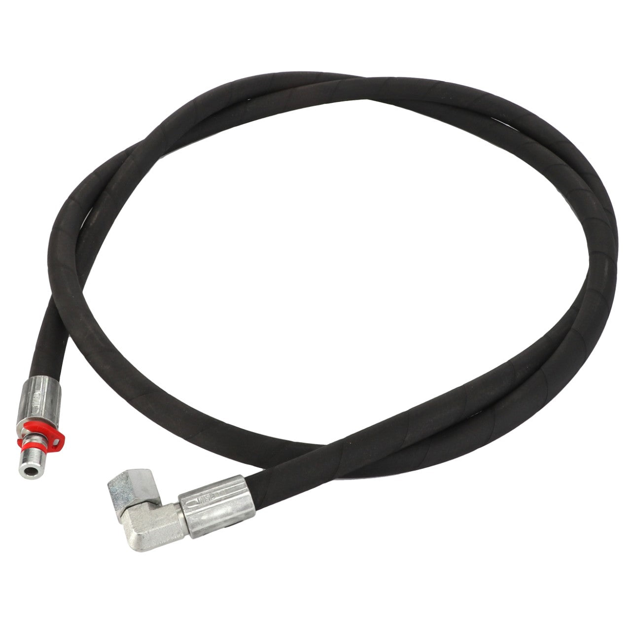 An image of the AGCO | HOSE - AL9032523, a black rubber hose from AGCO with metal connectors on both ends. One connector features a distinctive red ring near the joint. No current product description information is available.