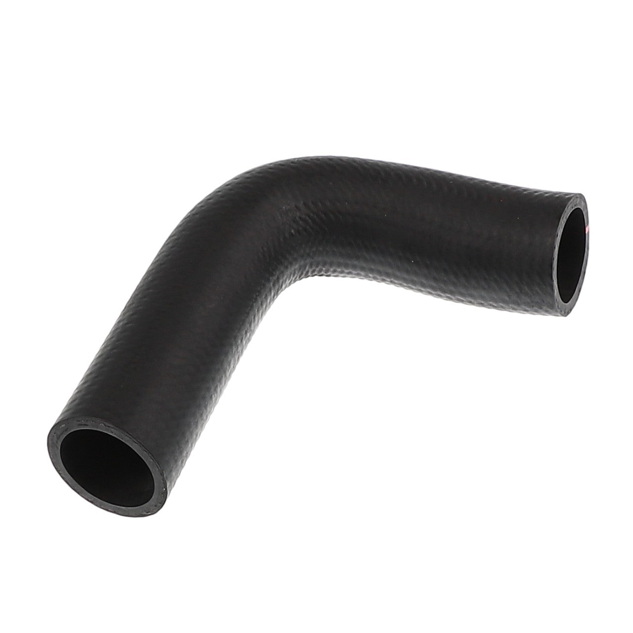 The AGCO RADIATOR HOSE - ACP0581620, a black, L-shaped rubber hose featuring a textured surface and open ends, is artfully positioned on a crisp white background.