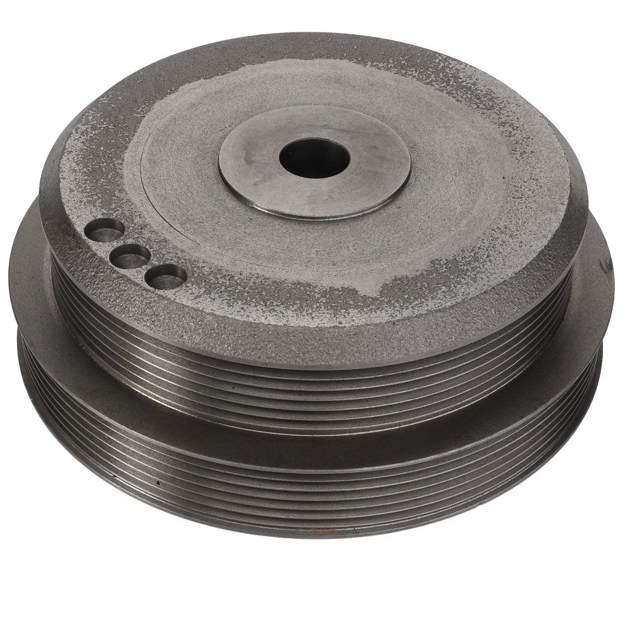 A metal circular object from AGCO with multiple layers and a central hole, specifically the Pulley - 4374108M7, designed with three small holes on the side and potentially compatible with Valtra models.