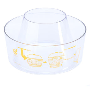 The AGCO Plastic Bowl - 1508881M1, made of durable polyester, features a cylindrical center and yellow diagram instructions on the side, making it perfect for use with Massey Ferguson models.